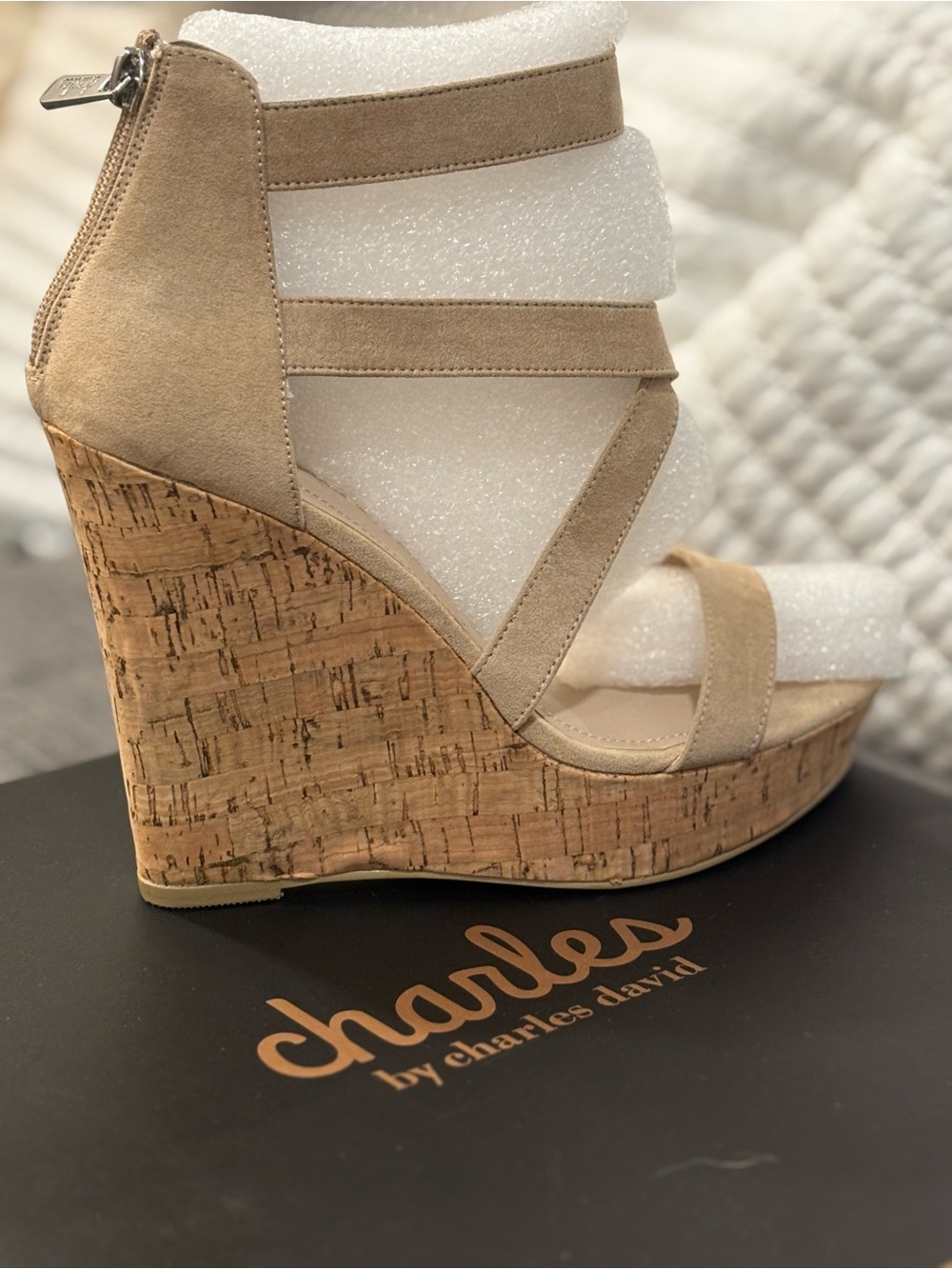 Charles by Charles David-Alexa Nude, Suede Cork Wedge Sandals NEW IN BOX WRAPPED